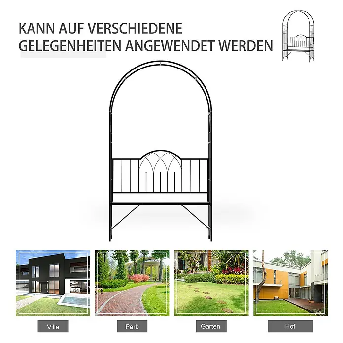 Outsunny Gartenbank - B x T x H: 59 x 59 x 203 cm, Metall, Schwarz - Schwarzer Metall-Gartenbogen mit integrierter Bank für Sitzgelegenheiten und Dekoration im Freien.