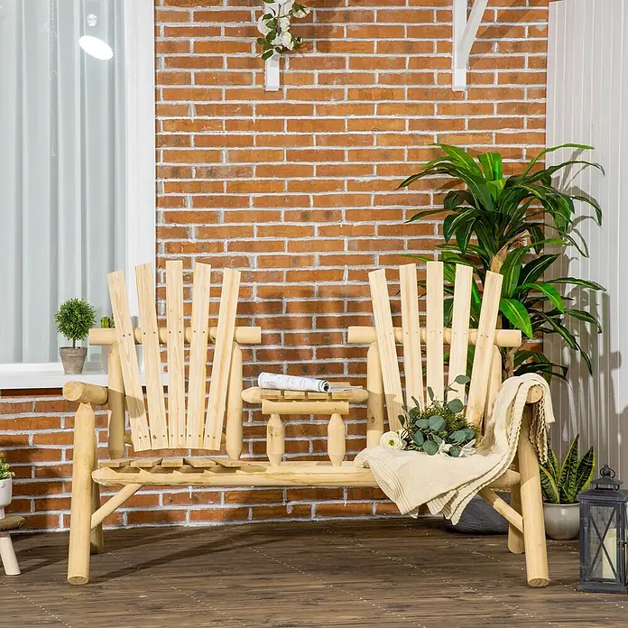 Outsunny Gartenbank - Tanne, Naturholz - Zweisitzerbank aus Naturholz mit integriertem Beistelltisch für den Außenbereich.