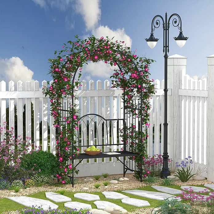 Outsunny Gartenbank - B x T x H: 59 x 59 x 203 cm, Metall, Schwarz - Schwarze Metall-Gartenlaube mit integrierter Bank, geschmückt mit rosa Kletterblumen in einem Garten.