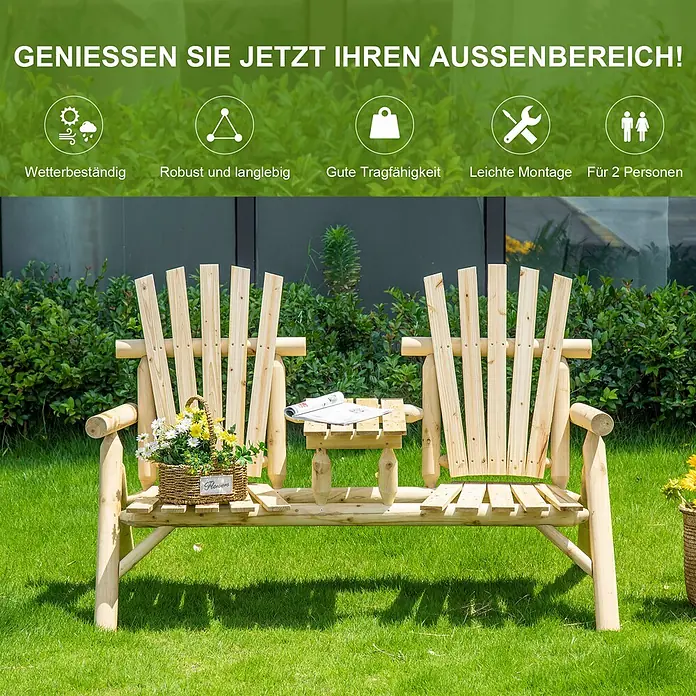 Outsunny Gartenbank - Tanne, Naturholz - Zweisitzige Gartenbank aus Naturholz mit integriertem Beistelltisch.