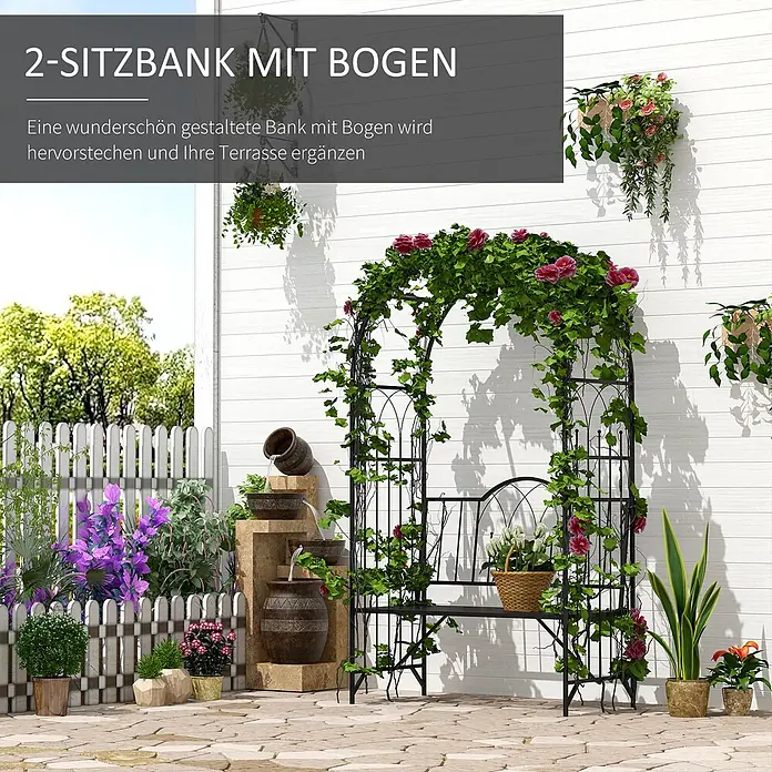 Outsunny Gartenbank - B x T x H: 59 x 59 x 203 cm, Metall, Schwarz - Eine schwarze Metall-2-Sitzer-Gartenbank mit integriertem Bogen, bedeckt mit grünen Kletterpflanzen und rosa Rosen, in einem Gartenambiente.