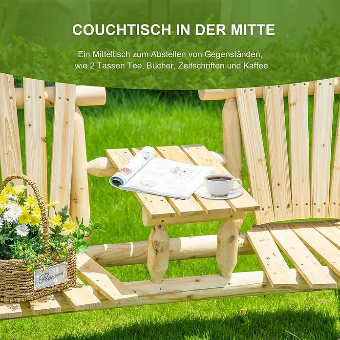 Outsunny Gartenbank - Tanne, Naturholz - Hölzerne Gartenschaukelbank mit Mitteltisch zum Abstellen von Getränken, Büchern und Zeitschriften.