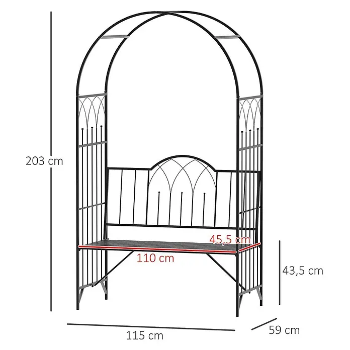 Outsunny Gartenbank - B x T x H: 59 x 59 x 203 cm, Metall, Schwarz - Schwarzer Metall-Rosenbogen mit integrierter Bank für Kletterpflanzen und Sitzgelegenheiten im Freien.