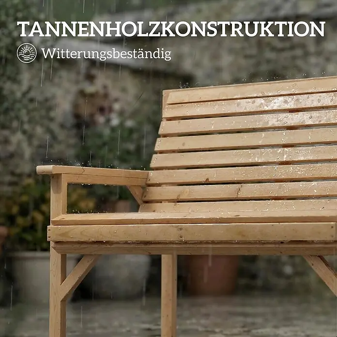 Outsunny Gartenbank - B x T x H: 65 x 65 x 90 cm, Tannenholz, Naturholz - Witterungsbeständige Tannenholz-Gartenbank, im Regen draußen gezeigt.