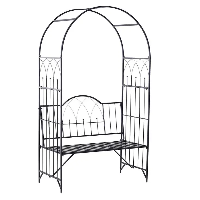 Outsunny Gartenbank - B x T x H: 59 x 59 x 203 cm, Metall, Schwarz - Schwarze Metall-Gartenlaube mit integrierter Lattenbank, geeignet für Rankpflanzen oder als Sitzgelegenheit.