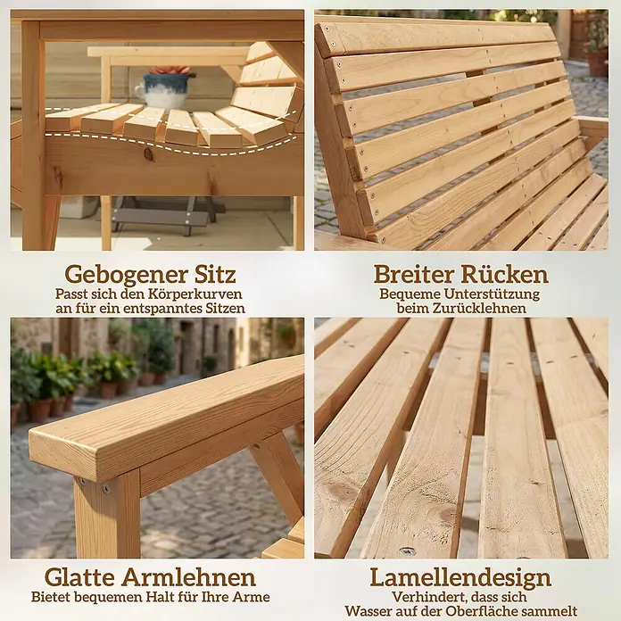 Outsunny Gartenbank - B x T x H: 65 x 65 x 90 cm, Tannenholz, Naturholz - Helle Holzgartenbank mit ergonomisch geformter Sitzfläche, breiter Rückenlehne, glatten Armlehnen und Lamellendesign.