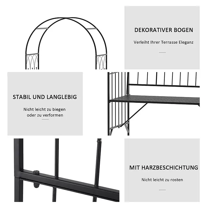 Outsunny Gartenbank - B x T x H: 59 x 59 x 203 cm, Metall, Schwarz - Schwarzer Metall-Gartenbogen, harzbeschichtet für Stabilität und Rostschutz. Ein dekoratives und langlebiges Element für die Terrasse.