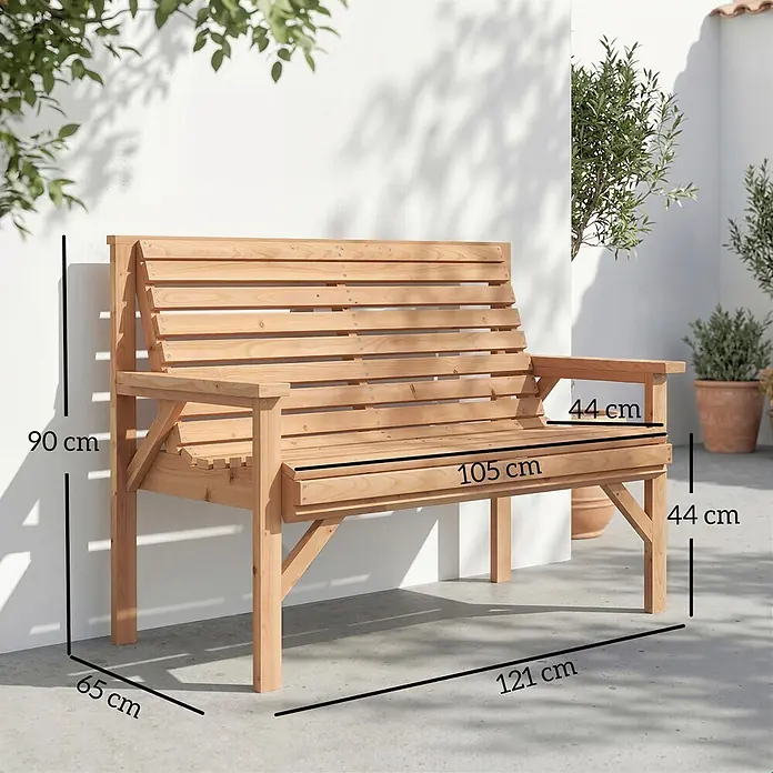 Outsunny Gartenbank - B x T x H: 65 x 65 x 90 cm, Tannenholz, Naturholz - Holz Gartenbank mit Lattenrücken und -sitz, 121x65x90 cm, Sitzhöhe 44 cm.