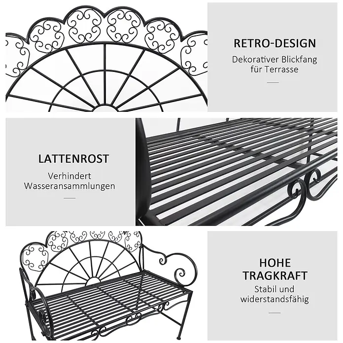 Furnicato Gartenbank pulverbeschichtet - B x T x H: 55,5 x 107 x 90,5 cm, Metall, Schwarz - Schwarze Metall-Gartenbank im Retro-Design mit Lattenrost für optimale Entwässerung.