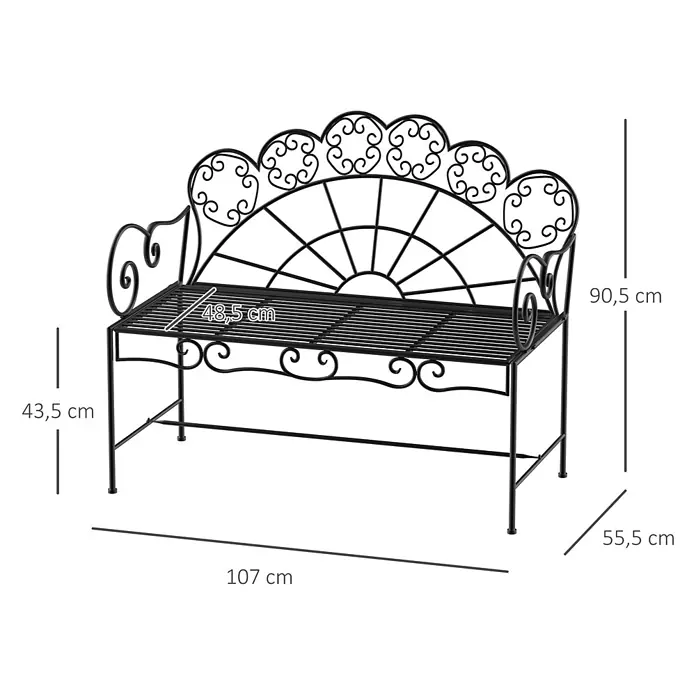 Outsunny Gartenbank - Metall, Schwarz - Schwarze Metallgartenbank mit dekorativer Rückenlehne und Armlehnen, Maße dargestellt.