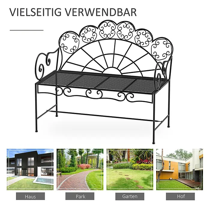 Furnicato Gartenbank pulverbeschichtet - B x T x H: 55,5 x 107 x 90,5 cm, Metall, Schwarz - Vielseitige schwarze Metall-Gartenbank mit verschnörkeltem Rückenlehne und Lattenrostsitz für verschiedene Außenbereiche.