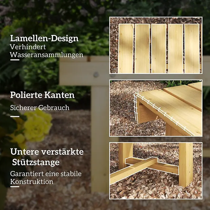 Outsunny Gartenbank - B x T x H: 38 x 38 x 35 cm, Tannenholz, Naturholz - Gartenbank aus hellem Holz mit Lamellendesign für Drainage, polierten Kanten für Sicherheit und verstärkter unterer Stütze für Stabilität.