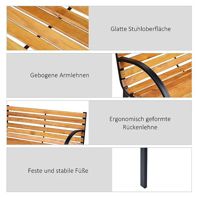 Furnicato Gartenbank Kiefernholz - B x T x H: 60 x 122 x 83 cm, Legierter Stahl/Holz, Naturholz - Hölzerne Gartenbank mit glatten Latten, geschwungenen Armlehnen, ergonomischer Rückenlehne und stabilen Metallfüßen.