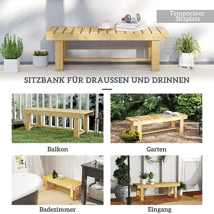 Outsunny Gartenbank - B x T x H: 38 x 38 x 35 cm, Tannenholz, Naturholz - Helle Holzlattenbank, vielseitig für Innen- und Außenbereiche, in verschiedenen Umgebungen gezeigt.