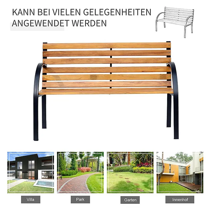 Furnicato Gartenbank Kiefernholz - B x T x H: 60 x 122 x 83 cm, Legierter Stahl/Holz, Naturholz - Gartenbank aus Holzlatten mit schwarzem Metallgestell und Armlehnen, geeignet für Villa, Park, Garten und Innenhof.