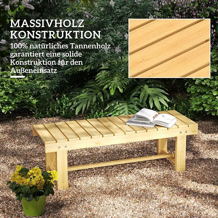 Outsunny Gartenbank - B x T x H: 38 x 38 x 35 cm, Tannenholz, Naturholz - Massivholz-Gartenbank aus Tannenholz für den Außenbereich, in einer Gartenumgebung.