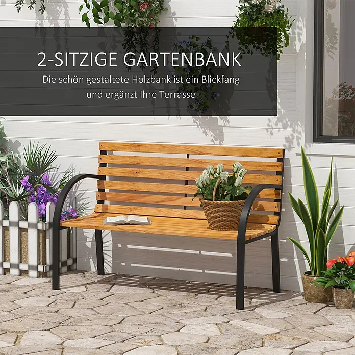 Furnicato Gartenbank Kiefernholz - B x T x H: 60 x 122 x 83 cm, Legierter Stahl/Holz, Naturholz - Zweisitzige Gartenbank aus Holz mit schwarzem Metallgestell auf einer Terrasse.