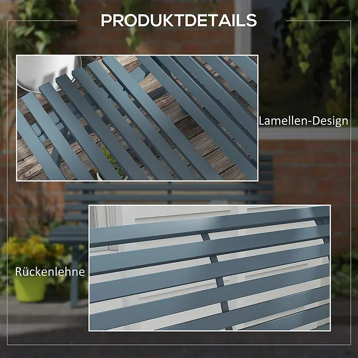 Outsunny Gartenbank - B x T x H: 67 x 67 x 79 cm, Aluminium, Blau - Graublaue Gartenbank mit Lamellen-Design, Details von Rückenlehne und Sitzfläche.