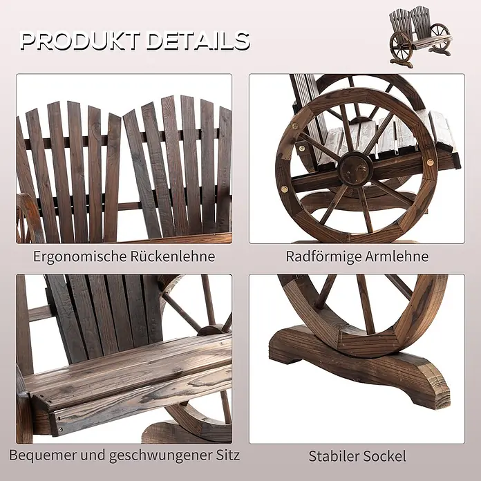 Outsunny Gartenbank - Tannenholz, Dunkelbraun - Dunkelbraune Gartenbank aus Holz mit Wagenrad-Armlehnen, ergonomischer Rückenlehne, bequemem, geschwungenem Sitz und stabilem Sockel, zeigt Produktdetails.