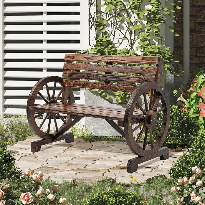 Furnicato Gartenbank Tannen-Massivholz - B x T x H: 56 x 105,5 x 79 cm, Tannenholz, Braun - Dunkelbraune Gartenbank aus Holz mit Wagenrad-Armlehnen auf einer Steinterrasse.