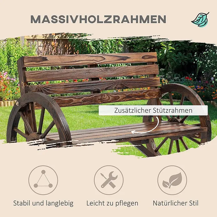 Furnicato Gartenbank Tannen-Massivholz - B x T x H: 56 x 105,5 x 79 cm, Tannenholz, Braun - Dunkelbraune Massivholz-Gartenbank mit dekorativen Wagenrad-Armlehnen und stabiler Konstruktion, in einem lebhaften Garten.