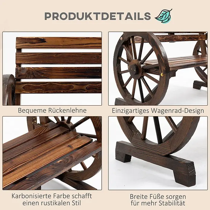 Furnicato Gartenbank Tannen-Massivholz - B x T x H: 56 x 105,5 x 79 cm, Tannenholz, Braun - Dunkle Holzgartenbank mit Wagenrad-Armlehnen, karbonisiert für rustikalen Stil und breite Füße für Stabilität.
