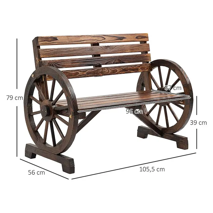 Outsunny Gartenbank - B x T x H: 56 x 56 x 79 cm, Tannenholz, Braun - Dunkelbraune Gartenbank aus Holz mit dekorativen Wagenrad-Seiten und Lattenrost-Sitz/Rückenlehne.