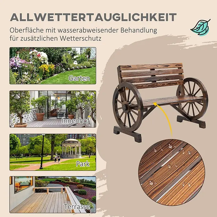 Furnicato Gartenbank Tannen-Massivholz - B x T x H: 56 x 105,5 x 79 cm, Tannenholz, Braun - Dunkle Holzgartenbank mit Wagenrad-Seitenteilen, ausgestattet mit wasserabweisender Oberfläche für wetterfesten Außeneinsatz.