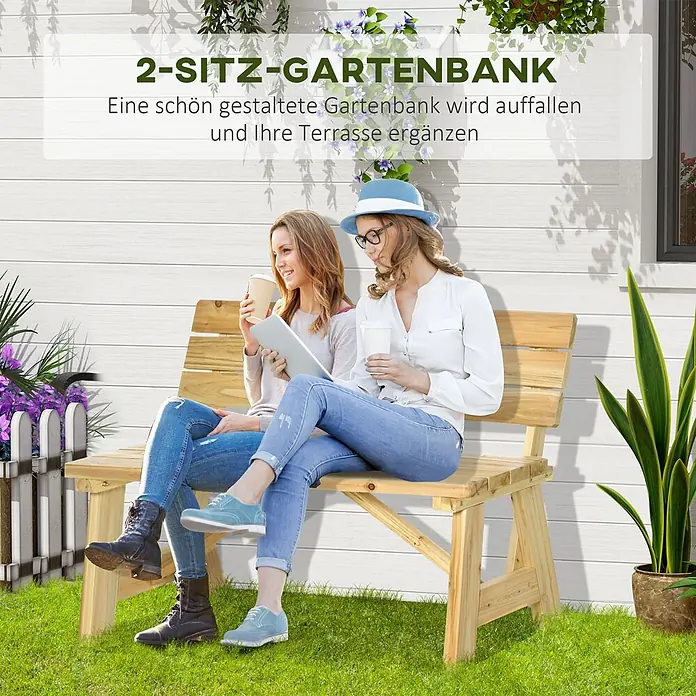 Outsunny Gartenbank - B x T x H: 56 x 56 x 80 cm, Kieferholz, Naturholz - Hölzerne 2-Sitzer Gartenbank im Lattenrost-Design, bietet bequem Platz für zwei Personen im Garten.