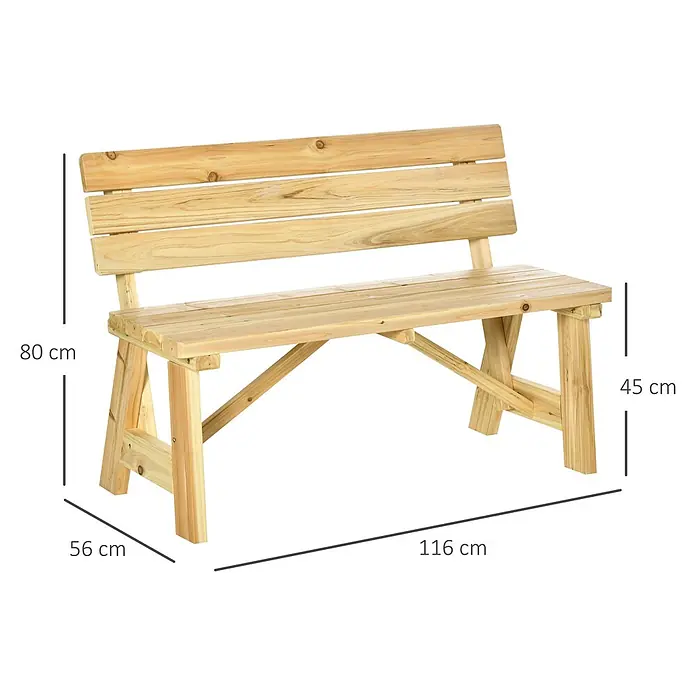 Outsunny Gartenbank - B x T x H: 56 x 56 x 80 cm, Kieferholz, Naturholz - Gartenbank aus Naturholz mit Rückenlehne, Maße: L 116 cm, T 56 cm, H 80 cm, Sitzhöhe 45 cm.