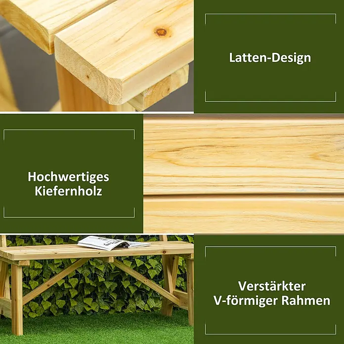 Outsunny Gartenbank - B x T x H: 56 x 56 x 80 cm, Kieferholz, Naturholz - Holzbank/-tisch aus hochwertigem Kiefernholz mit Latten-Design und verstärktem V-Rahmen.