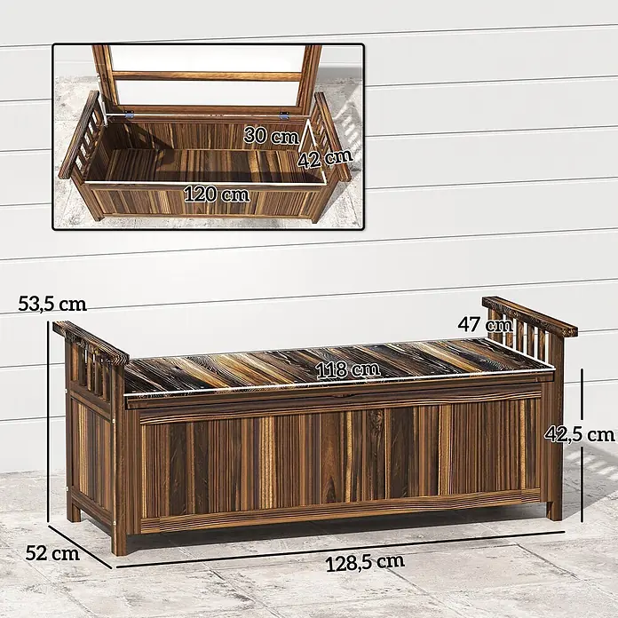 Outsunny Gartenbank - Tannenholz, Verkohlt - Dunkelbraune Holz-Sitzbank mit Stauraum und detaillierten Außen- und Innenmaßen.