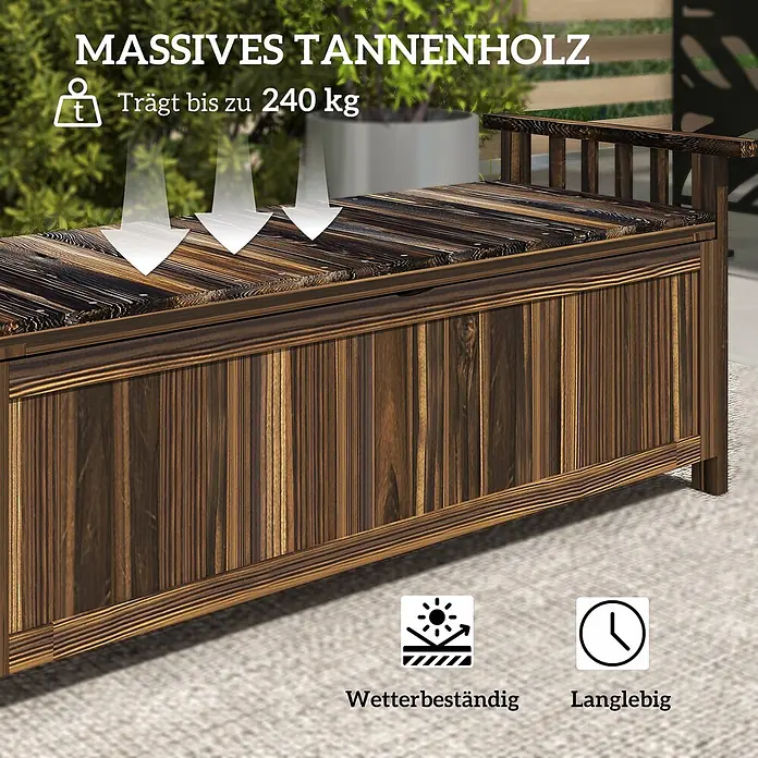 Outsunny Gartenbank - Tannenholz, Verkohlt - Dunkelbraune Gartenbank aus massivem Tannenholz mit Stauraum, wetterbeständig, tragfähig bis 240 kg.