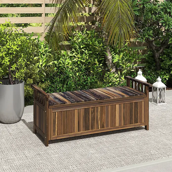 Outsunny Gartenbank - Tannenholz, Verkohlt - Dunkle Holz-Gartenbank mit Stauraum, Lamellendesign, ideal als Sitzgelegenheit und versteckte Aufbewahrung für Terrasse oder Garten.