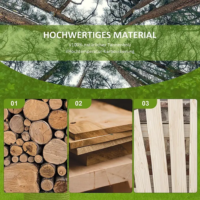 Furnicato Gartenbank Tannenholz verkohlt - B x T x H: 66 x 108 x 95 cm, Tannenholz, Naturholz - Hochwertiges, natürliches Tannenholzmaterial: gestapelte Stämme, fertige Bretter und helle Holzlatten, mit Hochtemperatur-Karbonisierung.