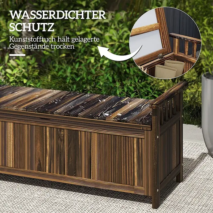 Outsunny Gartenbank - Tannenholz, Verkohlt - Dunkelbraune hölzerne Outdoor-Aufbewahrungsbank mit wasserfestem Deckel, der Wassertropfen zeigt und den schützenden Inneneinsatz.