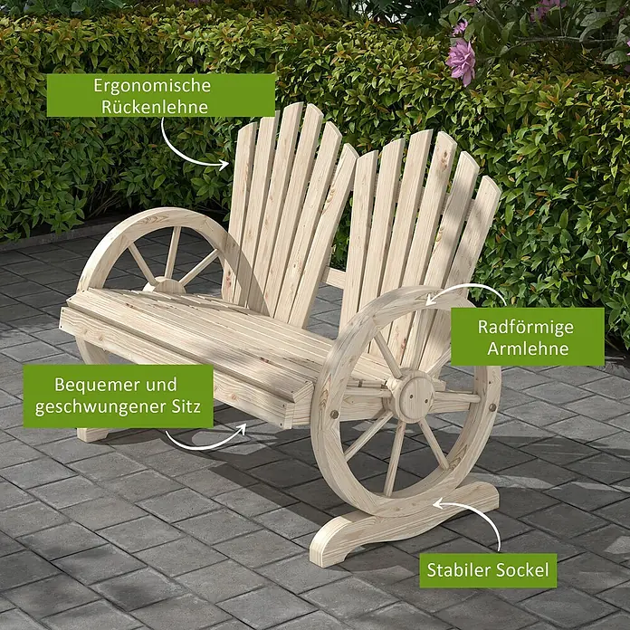Furnicato Gartenbank Tannenholz verkohlt - B x T x H: 66 x 108 x 95 cm, Tannenholz, Naturholz - Gartenbank aus hellem Holz mit Rad-Armlehnen, ergonomischer Rückenlehne und geschwungenem Sitz auf gepflastertem Patio.