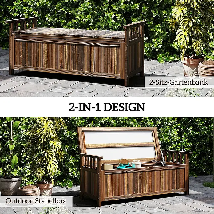 Outsunny Gartenbank - Tannenholz, Verkohlt - Dunkelbraune Holz-Gartenbank mit aufklappbarem Deckel, dient als Sitzgelegenheit und Outdoor-Stauraum auf einer Terrasse.