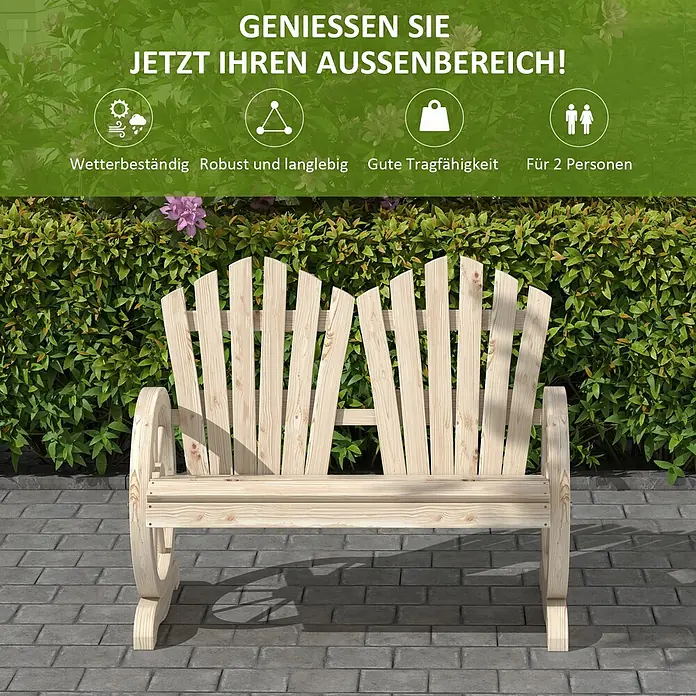 Furnicato Gartenbank Tannenholz verkohlt - B x T x H: 66 x 108 x 95 cm, Tannenholz, Naturholz - Helle Holzbank für zwei Personen auf grauen Pflastersteinen vor einer grünen Hecke, ideal zum Entspannen im Freien.