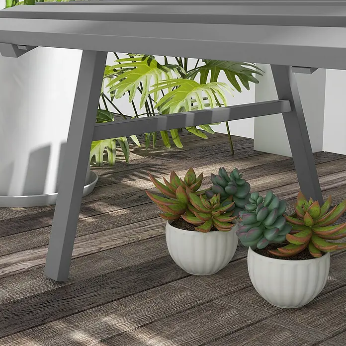 Furnicato Gartenbank - B x T x H: 67 x 67 x 79 cm, Aluminium, Grau - Grauer Outdoor-Pflanzenständer auf Holzterrasse, mit Topfpflanzen.