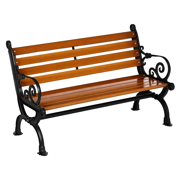 Outsunny Gartenbank - B x T x H: 64 x 64 x 79 cm, Gussaluminium, Teak - Gartenbank mit hellbraunen Holzlatten für Sitzfläche und Rückenlehne und verzierten schwarzen Metallarmlehnen und Beinen.
