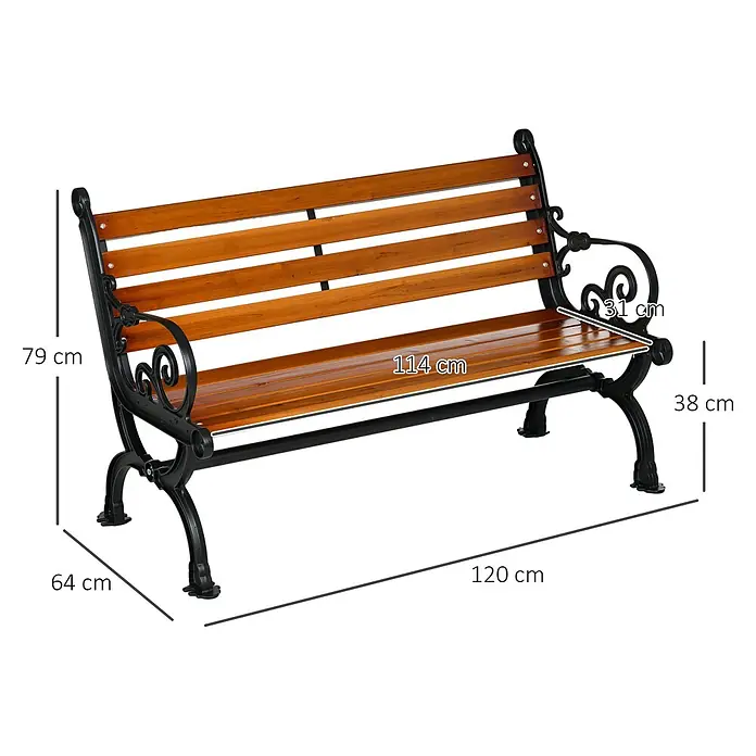 Outsunny Gartenbank - B x T x H: 64 x 64 x 79 cm, Gussaluminium, Teak - Gartenbank mit schwarzem Gusseisengestell und Holzlatten. Maße: 120x64x79 cm (BxTxH), Sitzhöhe 38 cm.