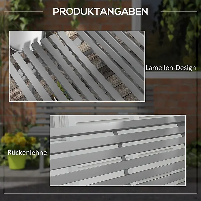 Furnicato Gartenbank - B x T x H: 67 x 67 x 79 cm, Aluminium, Grau - Graues Gartenmöbel mit Lamellen-Design, Details der Lattenstruktur und einer Rückenlehne in Nahaufnahme.