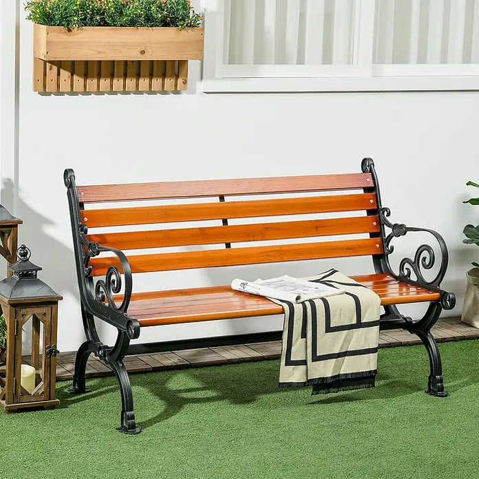 Furnicato Gartenbank - Aluminium/Holz, Teak - Gartenbank mit Holzlatten und schwarzem, verziertem Metallrahmen, mit Zeitung und Decke.