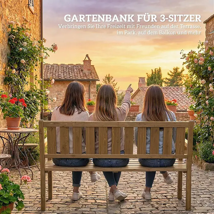 Outsunny Gartenbank - B x T x H: 57 x 57 x 93 cm, Tannenholz, Teak - Drei Personen sitzen auf einer braunen Holz-Gartenbank für 3 Personen im Freien.