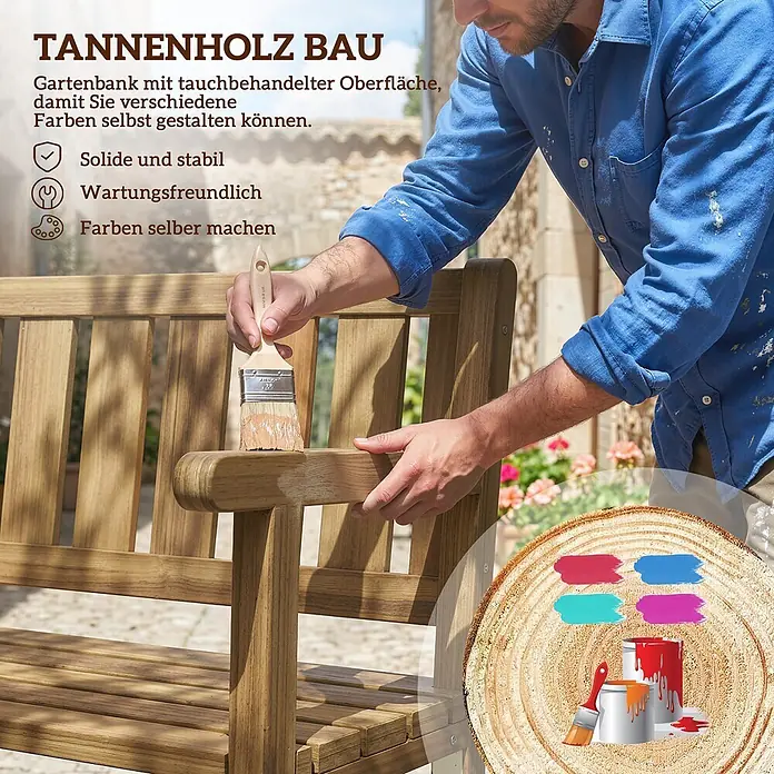 Outsunny Gartenbank - B x T x H: 57 x 57 x 93 cm, Tannenholz, Teak - Mann streicht eine braune Tannenholz-Gartenbank, die ihre anpassbare, behandelte Oberfläche hervorhebt. Farbmuster zeigen Gestaltungsoptionen.