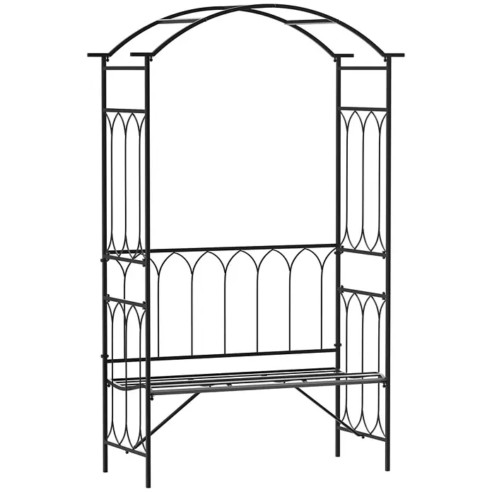Outsunny Gartenbank - B x T x H: 50 x 50 x 203 cm, Metall, Schwarz - Schwarzer Metall-Gartenbogen mit integrierter Bank für Kletterpflanzen und Sitzgelegenheiten.