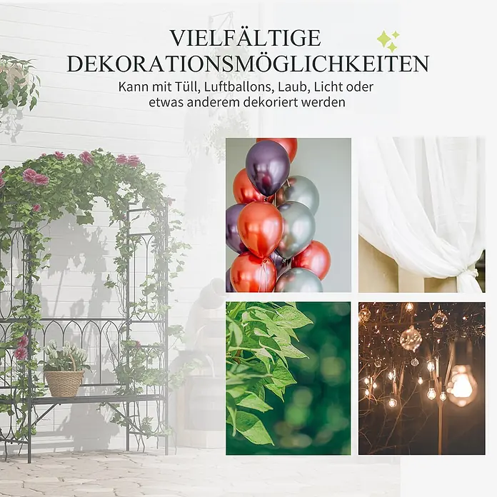 Outsunny Gartenbank - B x T x H: 50 x 50 x 203 cm, Metall, Schwarz - Vielseitiger schwarzer Metall-Gartenbogen, mit Pflanzen dekoriert, geeignet für verschiedene Dekorationsthemen.