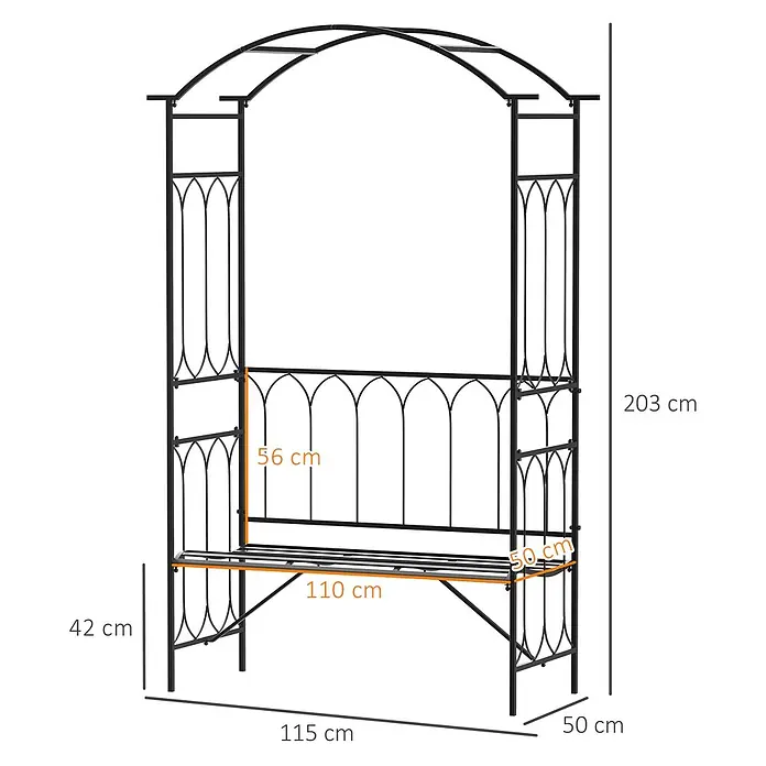 Outsunny Gartenbank - B x T x H: 50 x 50 x 203 cm, Metall, Schwarz - Schwarzer Metall-Gartenbogen mit integrierter Bank, ideal für Kletterpflanzen und Sitzgelegenheiten im Freien.