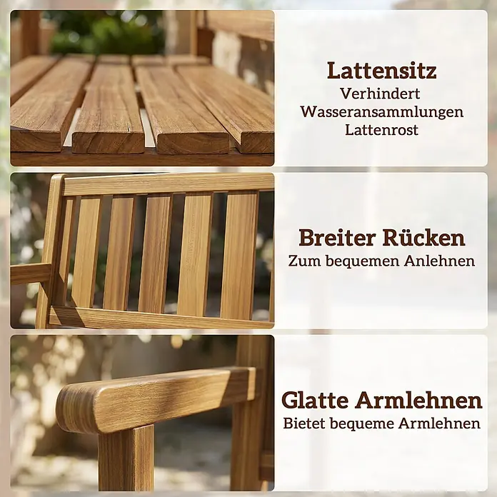 Outsunny Gartenbank - B x T x H: 57 x 57 x 93 cm, Tannenholz, Teak - Nahaufnahme einer Gartenbank aus Holz mit Lattenrostsitz, breiter Rückenlehne und glatten Armlehnen für Komfort und Wasserablauf.